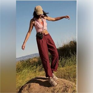 Free People Movement Burgundy Baggy Wide Leg Cargo Track Pants